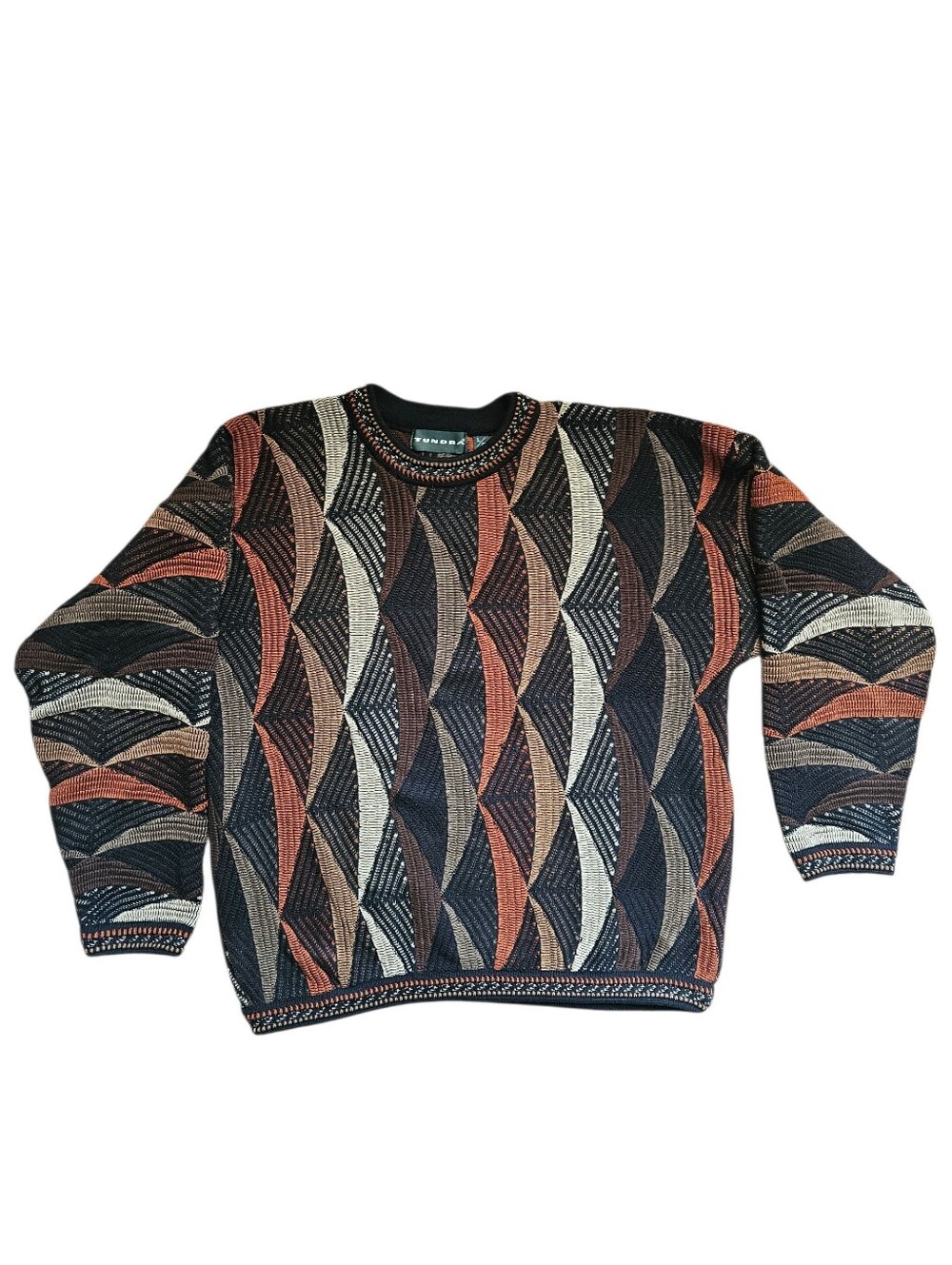 VTG TUNDRA CANADA 3D Knit Coogi Style Brown Orange Sweater | SZ L